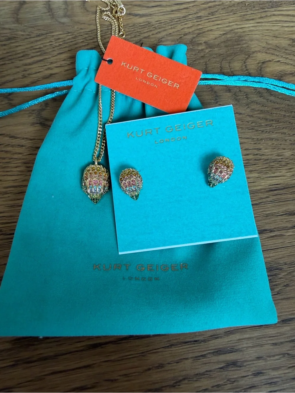 Kurt Geiger Gold Multicolor Crystal Eagle Head Necklace & Earrings NWT
